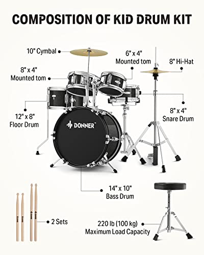 Donner 5-Piece Kid Drum Set for Beginners, 14 Inch Full Size, Metallic Black H8038