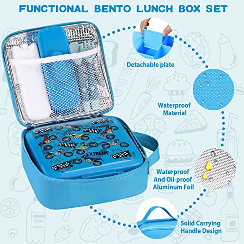 Bento Lunch Box for Kids with 5 Compartments and Thermos, Blue Dinosaur G749