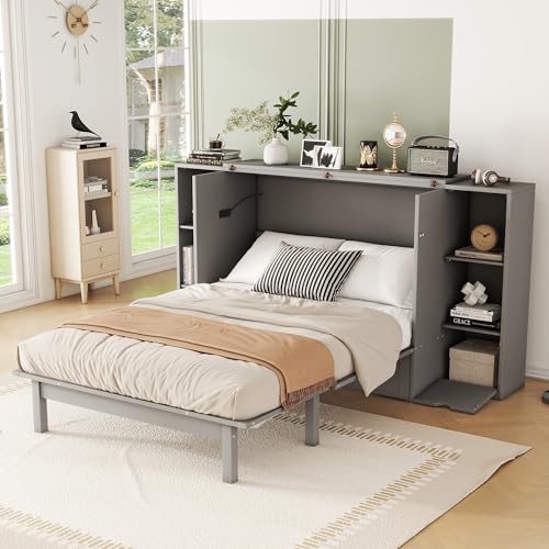 Queen Size Murphy Wall Bed with Storage and Bookcase Headboard, Solid Wood, White F901