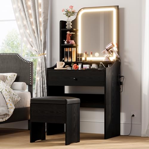 LIKIMIO Small Makeup Vanity Desk with Mirror and Lights, White S9485