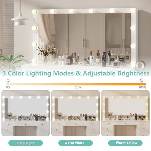 Likein Vanity Desk with Mirror and Lights, White Makeup Dressing Table with 11 Drawers G1478