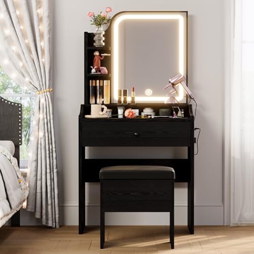 LIKIMIO Small Makeup Vanity Desk with Mirror and Lights, White S9485