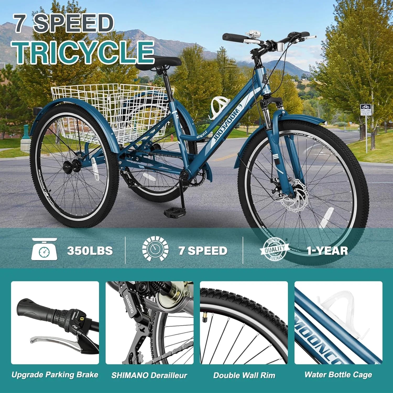 Slsy Mountain Tricycle for Adults, 7 Speed Three Wheel Bike with Cargo Basket I576