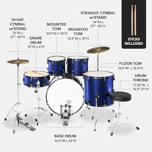 Best Choice Products 5-Piece Full Size Adult Drum Set with Cymbal Stands, Stool, Pedal, Sticks - Dark Blue Sparkle D34023