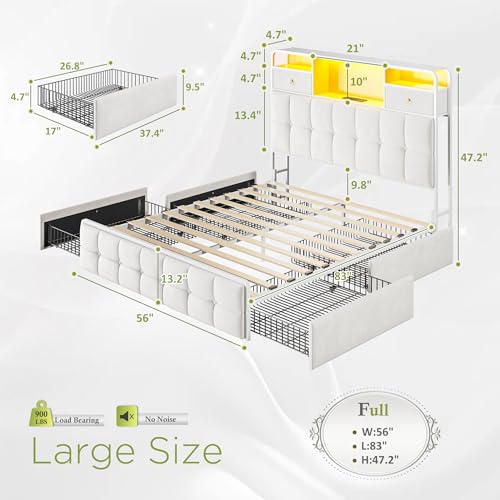 EnHomee King Size Bed Frame with 4 Drawers, Headboard, Charging Station and LED Lights, Grey I310