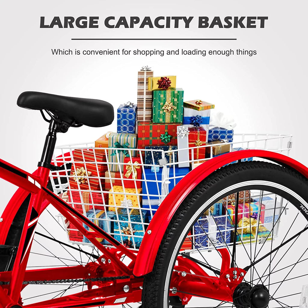 Slsy Mountain Tricycle for Adults, 7 Speed Three Wheel Bike with Cargo Basket I576