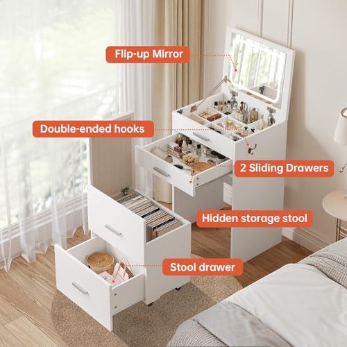 Compact Vanity with 3 Drawers, Makeup Desk with Lighted Mirror and Stool, White P76418