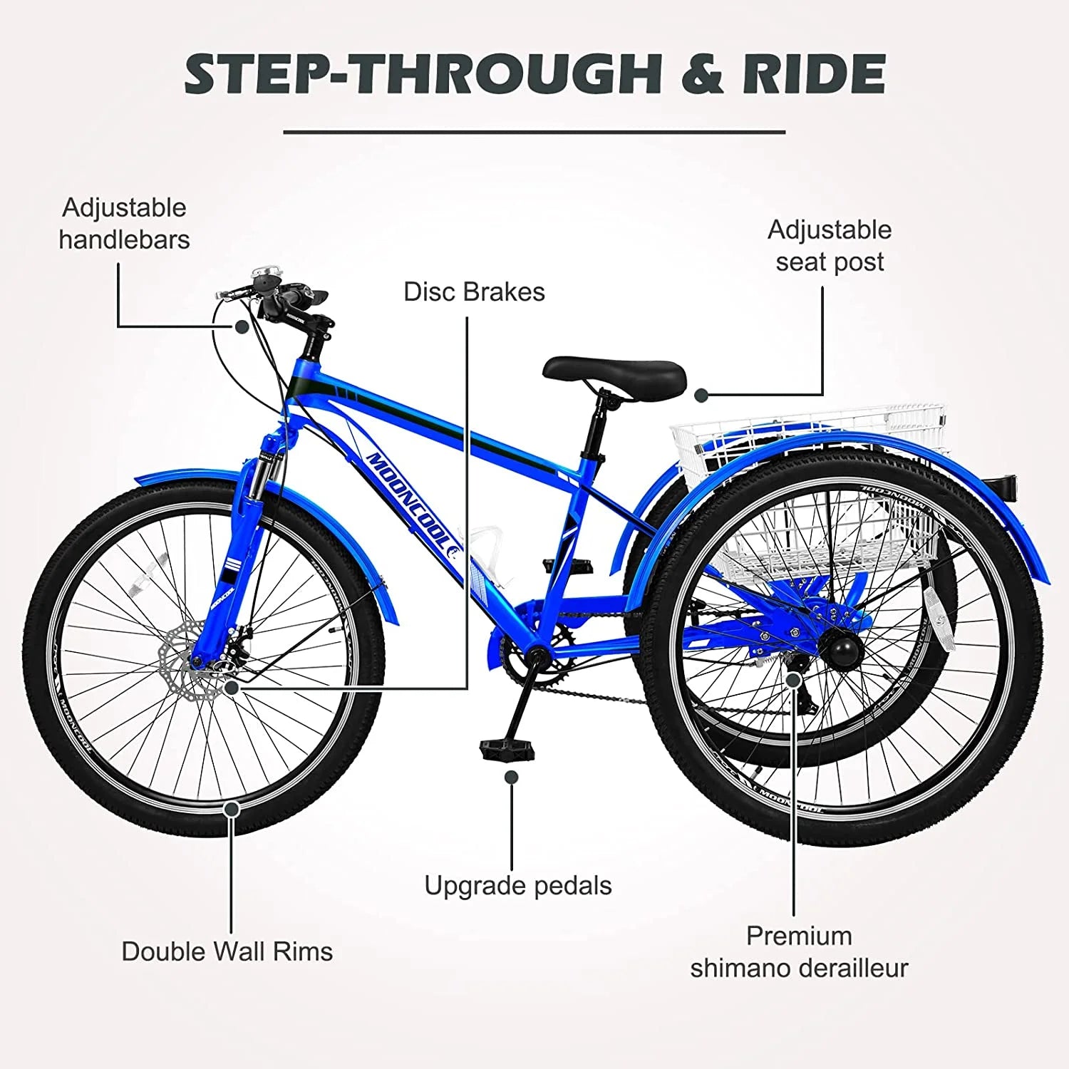 Slsy Mountain Tricycle for Adults, 7 Speed Three Wheel Bike with Cargo Basket I576