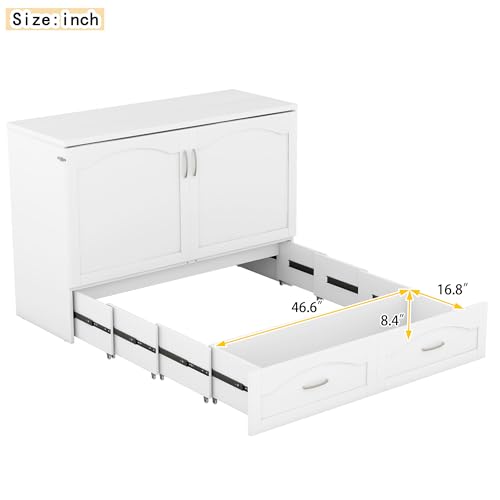 Queen Size Murphy Wall Bed with Storage and Bookcase Headboard, Solid Wood, White F901