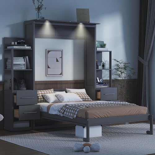 MERITLINE Queen Murphy Bed with Storage Drawers, LED Lights and Shelves, Grey P714