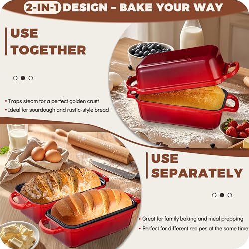 Cast Iron Bread Loaf Pan with Lid, Enameled, 9x5, Set of 2, Cherry M2023