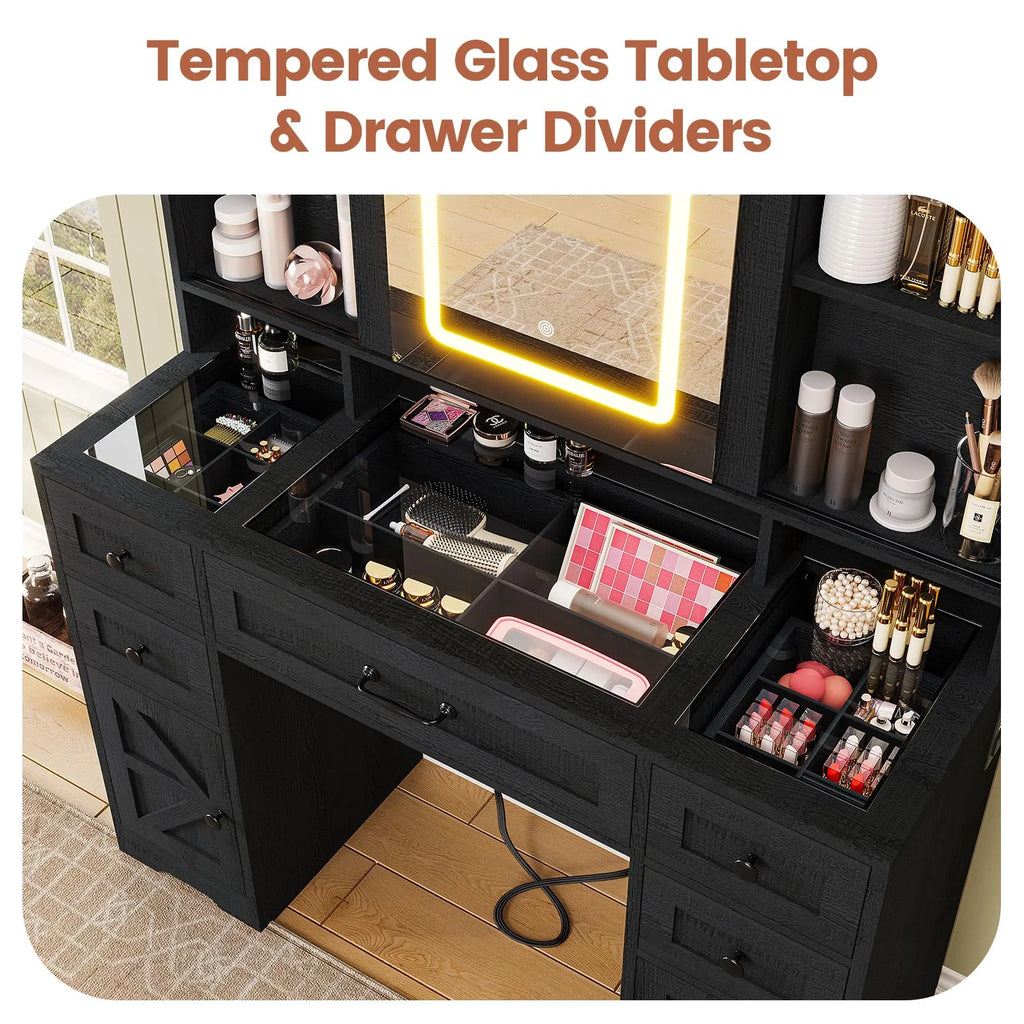 Afuhokles Vanity with Lighted Mirror and Charging Station, Black J3271