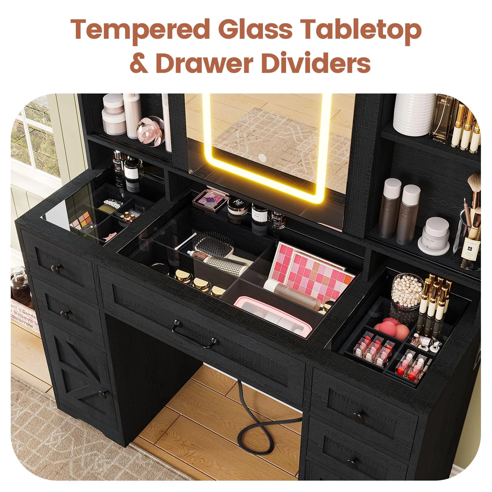 Afuhokles Vanity with Lighted Mirror and Charging Station, Black J3271