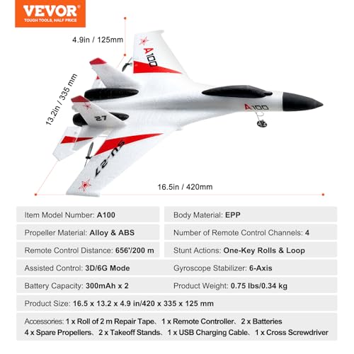 VEVOR RC Plane 2.4GHz 4 Channel T28 Trainer Aircraft with 6-Axis Gyro W54614