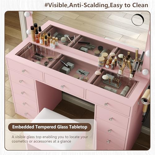 Vanity Desk with Power Outlet, LED Mirror, 11 Drawers and Chair, White H391193