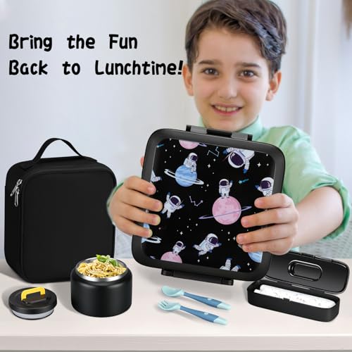 Bento Lunch Box for Kids with 5 Compartments and Thermos, Blue Dinosaur G749