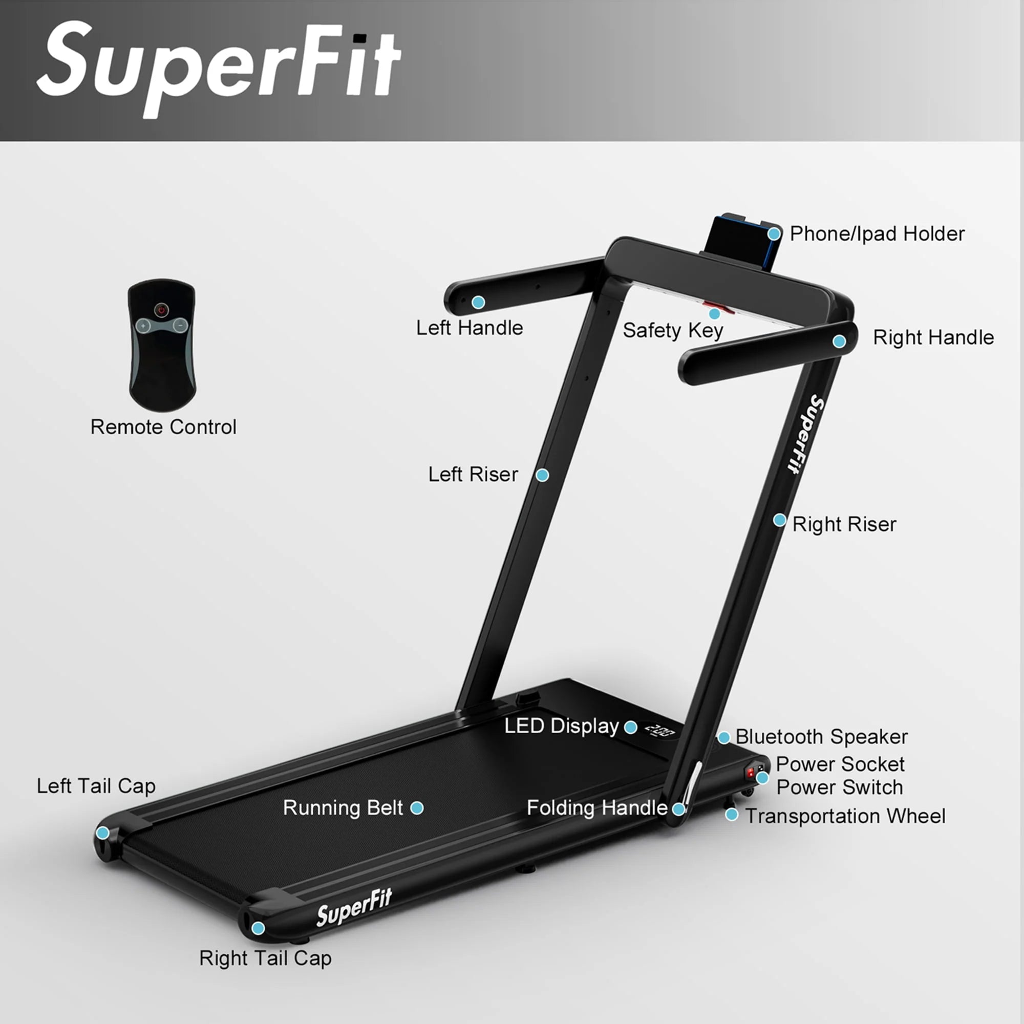SuperFit 2 in 1 Folding Treadmill with APP Control Speaker Black D991