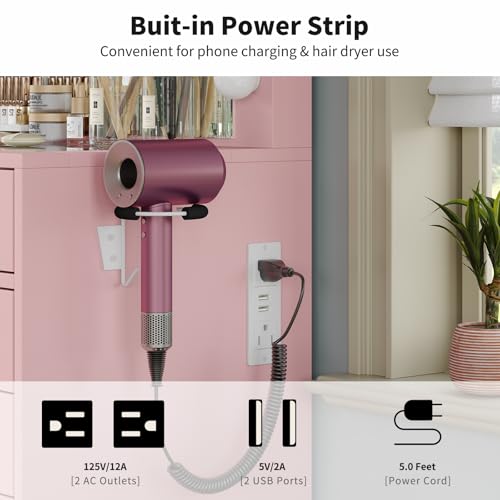 White Vanity Desk with Mirror, Lights, Charging Station and Chair C61521