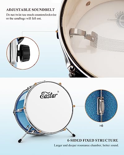 Eastar 3-Piece Kids Drum Kit for Beginners, 14 Inch, Metallic Sky Blue Y27429