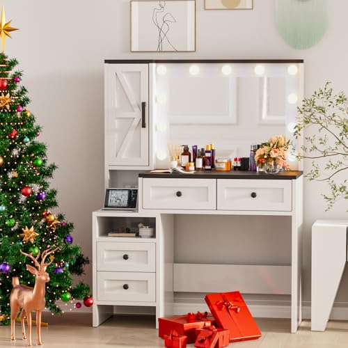 Likein Vanity Desk with Mirror and Lights, White Makeup Dressing Table with 11 Drawers G1478