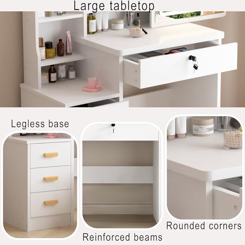 Vanity Desk with Mirror and Lights, 3 Lighting Modes, White T175312