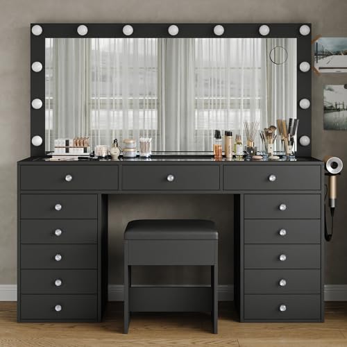 55" Vanity Desk with Charging Station and Lighted Mirror, Black Z765
