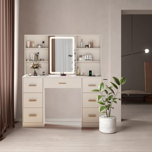 Large Vanity Desk with Mirror and Lights, 7 Drawers, White T162772