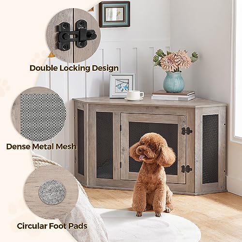 Corner Dog Crate Furniture Wooden Kennel End Table for Small Medium Dogs Greige and Black V3428