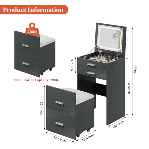 Compact Vanity with 3 Drawers, Makeup Desk with Lighted Mirror and Stool, White P76418