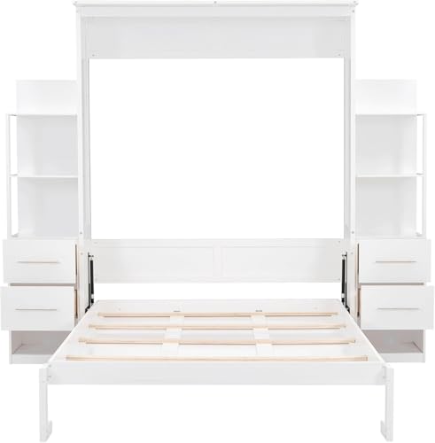MERITLINE Queen Murphy Bed with Storage Drawers, LED Lights and Shelves, Grey P714