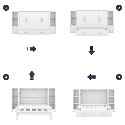 Queen Size Murphy Wall Bed with Storage and Bookcase Headboard, Solid Wood, White F901