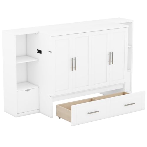 Queen Size Murphy Wall Bed with Storage and Bookcase Headboard, Solid Wood, White F901