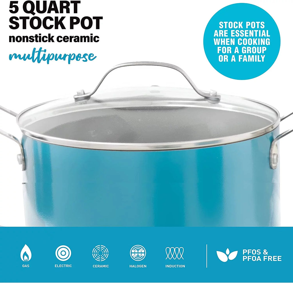 GOTHAM STEEL Aqua Blue Nonstick 5 Quart Stock Pot with Glass Lid J865491