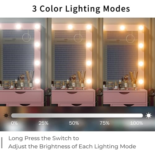 White Vanity Desk with Mirror, Lights, Charging Station and Chair C61521