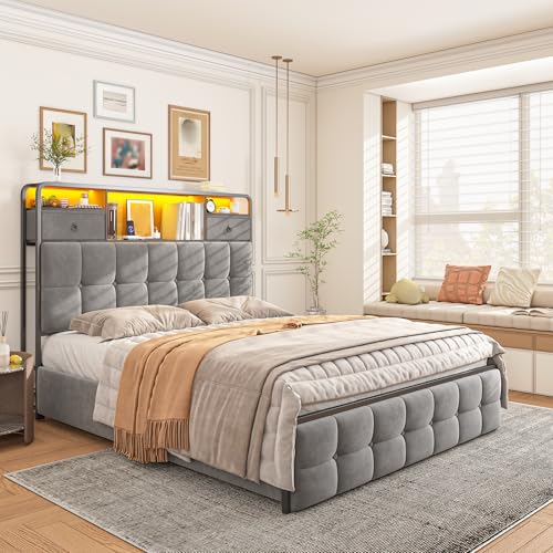 EnHomee King Size Bed Frame with 4 Drawers, Headboard, Charging Station and LED Lights, Grey I310