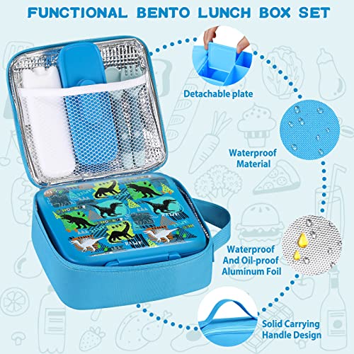Bento Lunch Box for Kids with 5 Compartments and Thermos, Blue Dinosaur G749