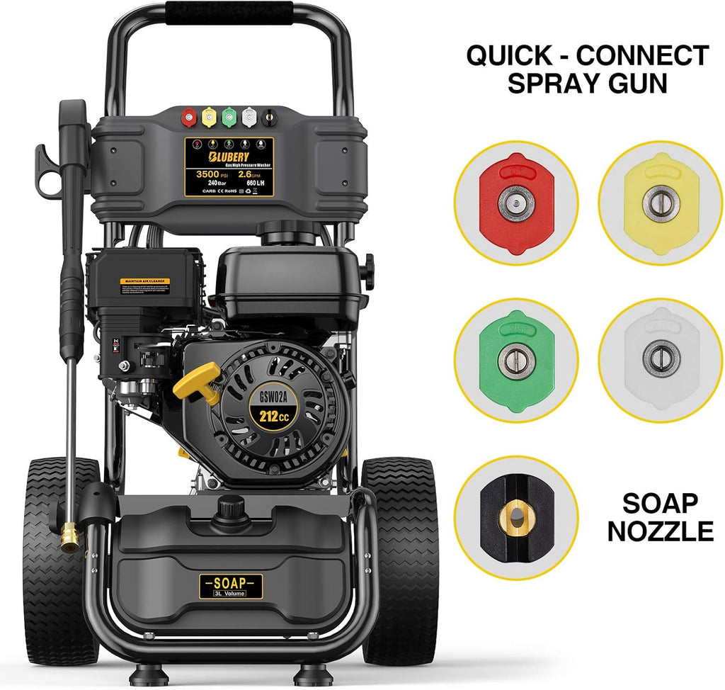 BLUBERY 3500PSI Gas Pressure Washer, 2.6GPM, 50FT Hose A481032
