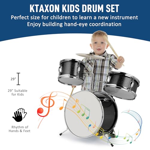 Ktaxon 3-Piece Kids Drum Set with Throne Stool, Pedal & Drumsticks, Black L8657
