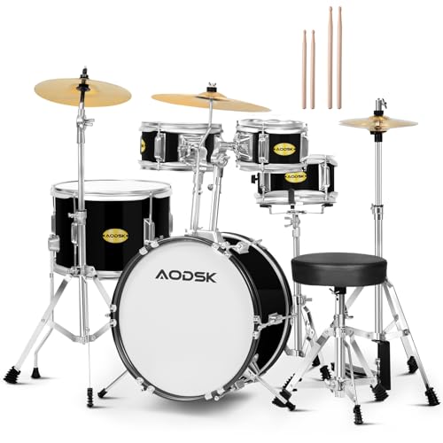 AODSK 5-Piece Kid Drum Set with Cymbal, Hi-Hat & Pedal, Black V3743
