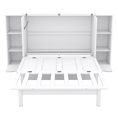 Queen Size Murphy Wall Bed with Storage and Bookcase Headboard, Solid Wood, White F901