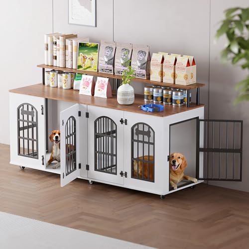 Double Dog Crate Furniture for 2 Dogs, 63" Indoor Wooden Dog Kennel for Medium Dogs with Divider, Wheels, Storage, Heavy-Duty Modern Decorative Dog Crate as TV Stand or End Table