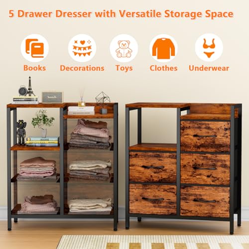 Furnulem 5 Drawer Black Fabric Dresser for Bedroom with Metal Frame D6974