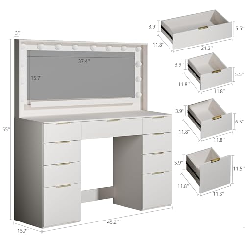 White Vanity Desk with Large Mirror and Lights I322