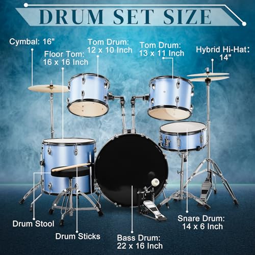 Ktaxon 22 Inch 5-Piece Adult Drum Set with Cymbals and Stool (Blue) G680