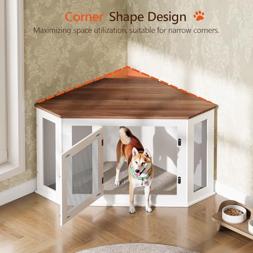 Corner Dog Crate Furniture Wooden Kennel End Table for Small Medium Dogs Greige and Black V3428