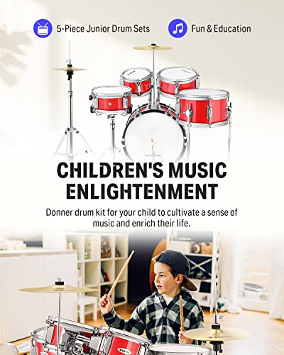 Donner 5-Piece Kid Drum Set for Beginners, 14 Inch Full Size, Metallic Black H8038