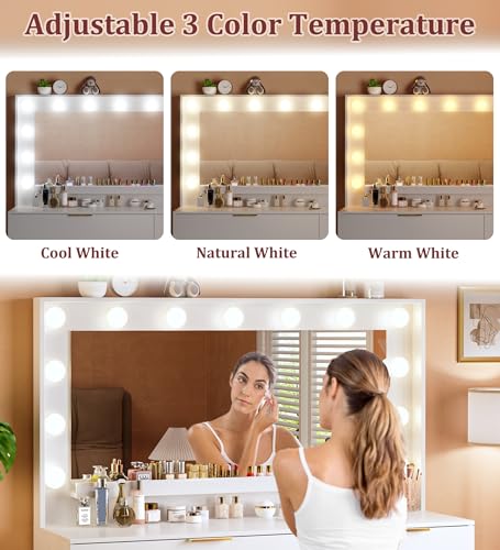 White Vanity Desk with Large Mirror and Lights I322