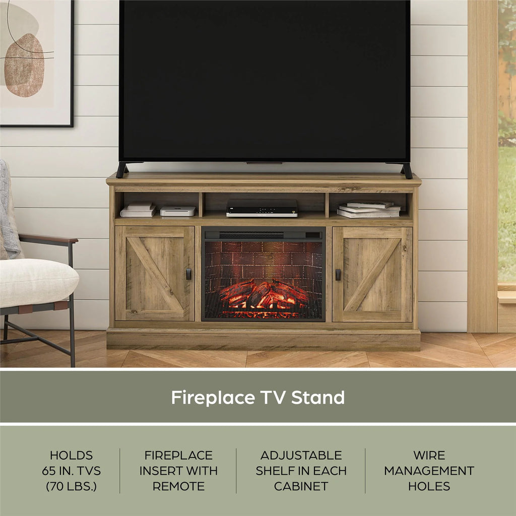 Ameriwood Home Ashton Lane Electric Fireplace TV Stand for TVs up to 65, Black Oak D206311