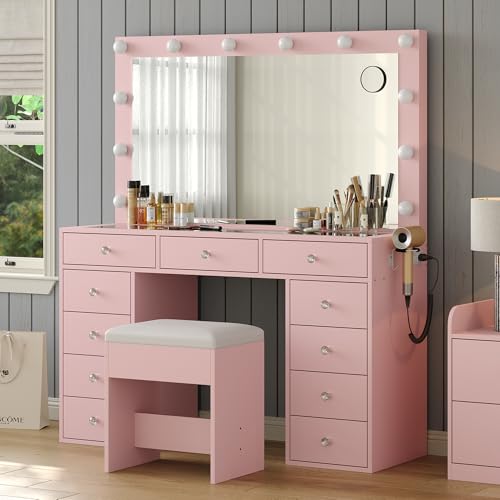 Vanity Desk with Power Outlet, LED Mirror, 11 Drawers and Chair, White H391193