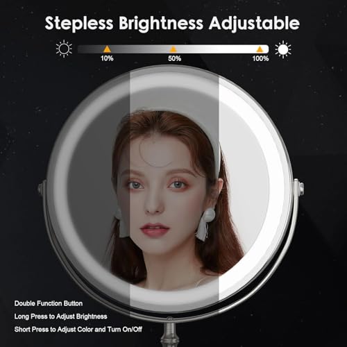 Lighted Makeup Mirror, Rechargeable Double Sided Magnifying Vanity Mirror, 3 Colors, 1x/10x F7514